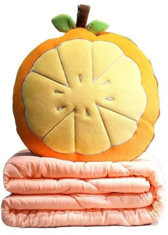 YGMXZL Reisedecke und Kissen,2-in-1 Combo Decke Flugzeug,Gefüllte Obst-Reisedecke und Kissen-Set für Kinder,Geschenk,Flugzeug,Zug,Bett,Büro,Nickerchen (Orange, S)