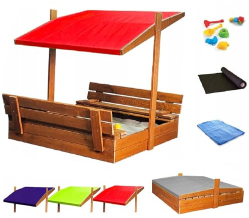 Wooden Sandpit with Bench Roof Cover Impregnated Sandbox 150 cm (Red)