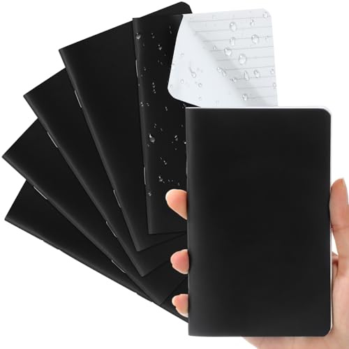 Qilery Wasserdichtes Notizbuch, 8,9 x 14 cm, wetterfest, klein, Allwetterpapier, Notizbuch für Polizei, Notizblock, für Outdoor, Notizen, Tagebuch, Büro, Schule (schwarz, liniert), 6 Stück