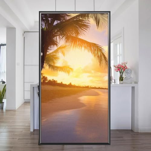 Sonnenuntergang am Strand Fensterfolie Selbsthaftende, Sichtschutzfolie Fenster Bunt, Folie Fenster Statisch Haftend ohne Klebstoff Anti UV Sonnenschutz für Büro Wohnzimmer 45x120cm