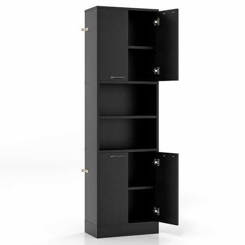 GiantexUK 4-Door Tall Kitchen Cupboard, 190CM Wooden Storage Cabinet with 2 Open Compartments & 2 Enclosed Cabinets, Freestanding Display Sideboard for Dining Living Room Pantry (Black)