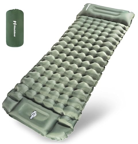 Hioutdoor Materassino autogonfiabile, 10 cm, da campeggio, ultraleggero, gonfiabile, con pressa a piedi, pompa/cuscino, per attività all'aperto, escursioni, spiaggia, backpacking, tenda, materassino