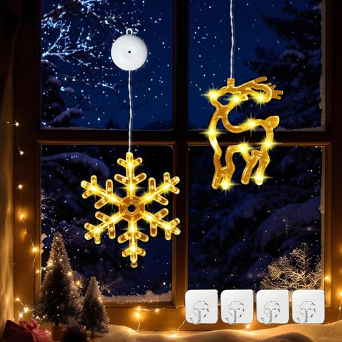 Lamptobe 2Pcs Guirlande Lumineuse Fenêtre Noël- LED Lumières de Ventouse Blanc Chaud avec Fonction de Minuterie& 2 Modes Noël Lumière de Fenêtre Suspendue Flocon de Neige/Wapiti pour Décoration