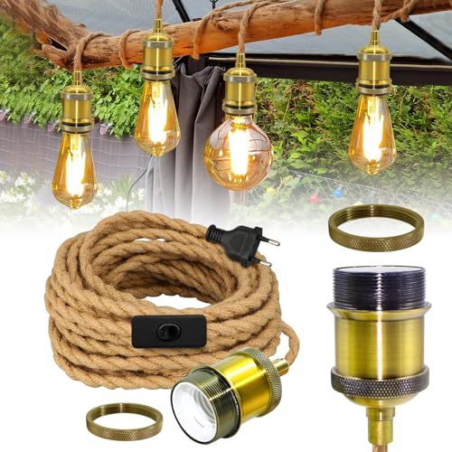Lampe Suspendue Rétro avec Corde de Chanvre Câble 5.1M, Douille E27 Vintage en Laiton avec Prise et Interrupteur, Cable Suspension Luminaire Industrielle, Lustre Corde pour Salon Salle à manger