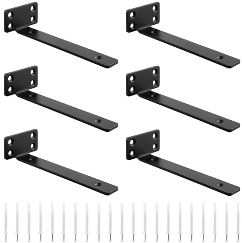 MOUYAT 6 Pack Floating Shelf Brackets, 8 Inch Black Shelf Bracket with Screw, Metal L Shaped Shelf Supports for Bookshelf, Kitchen, Bathroom, (1/5 Inch Thicked)