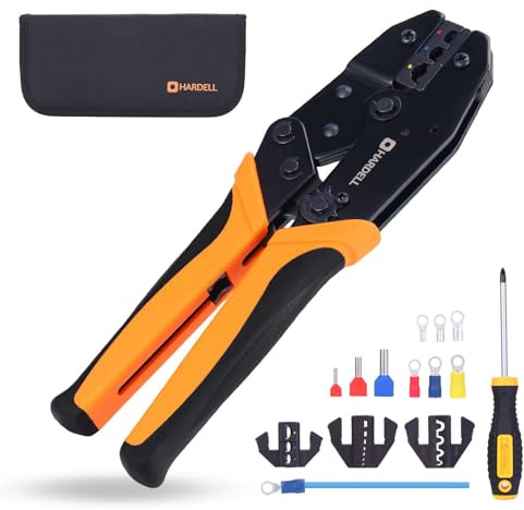 HARDELL Pinza crimpatrice per terminali AWG 22-10, set da 90 pezzi, include connettore e 3 inserti, impugnatura antiscivolo e custodia.