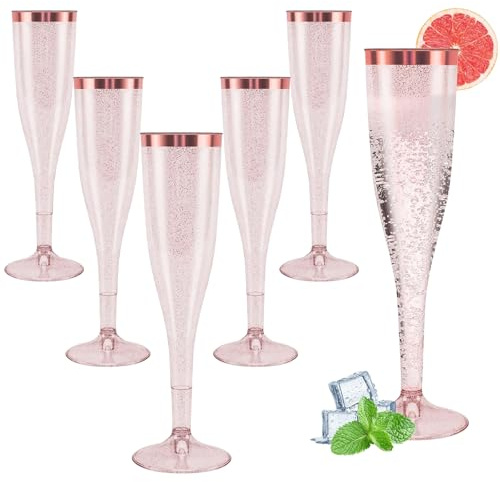 Rosedreamer Sektgläser Plastik 60 Stück Kunststoff Champagner Gläser 150ml Roségold Kante und Glitter Mehrweg für Geburtstag Hochzeit Party Picknicks Outdoor (Roségold)