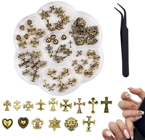 WUSJCOF 75 pièces Breloques pour Ongles 3D, Croix en Métal Chromé, Gothiques Rétro Punk, Crânes, Charme pour Nail Art, Manucure, Deco Ongle, Decoration Ongles