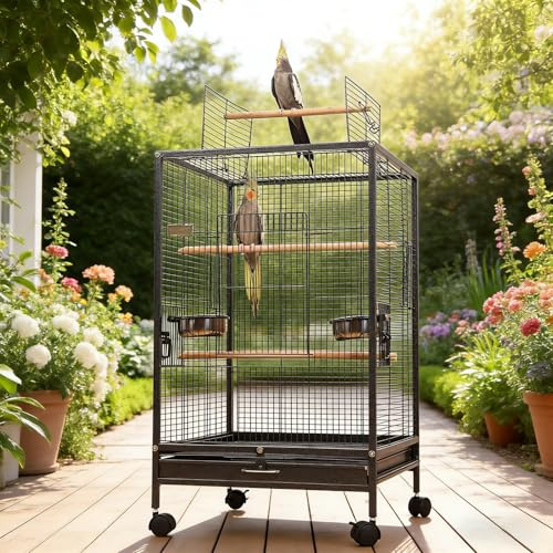 xixi-home Großer Vogelkäfig Tigerleder Papagei Vogelkäfig 46 * 46 * 77cm abnehmbare Palette mit Standbar und Nahrungsmittelbox, mit Rädern abnehmbar,Schwarz-A