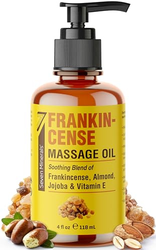 Seven Minerals Frankincense Massage Oil for Massage Therapy - 4oz - Ideal for Professional or at-Home Body Massage. Soothing Natural Blend of Almond, Jojoba & Vitamin E