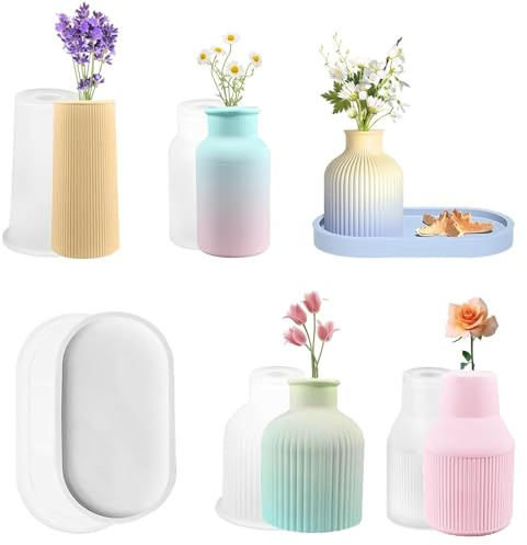 Silikonformen Gießformen 5-Teiliges Set, Für Vasen & Tablett, Epoxidharz Formen DIY Handwerk, Flexible Silikonform für Resin, Beton, Kerzen - Vase Silikonform