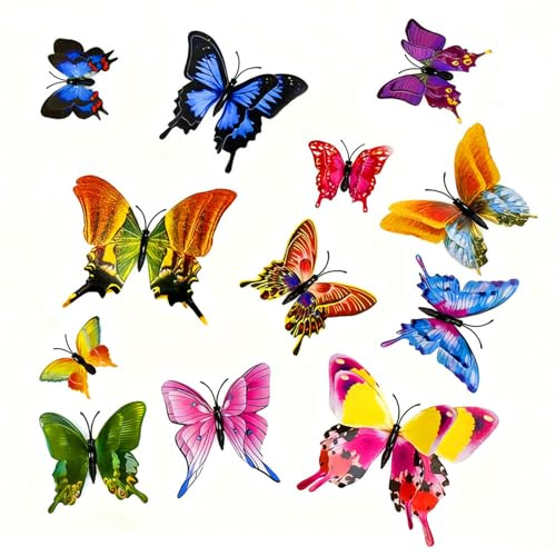 12-Piece Set of 3D Butterfly Wall Stickers with Assorted Sizes, Featuring Adhesive Dots & Magnetic Fixing Butterfly Stickers for Easy Installation - Waterproof PVC Butterflies for Home & Party Decor