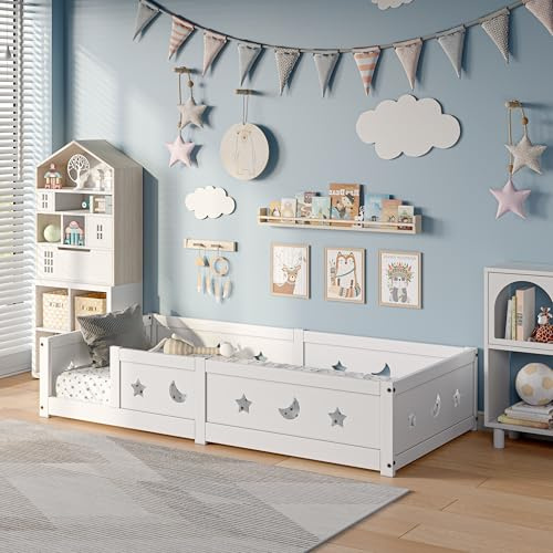 Marooma Cama infantil 90 x 200, cama de suelo Montessori con rejilla y puerta corredera, marco de cama de pino macizo con somier, cuna, fácil de montar (blanco, 90 x 200 cm)