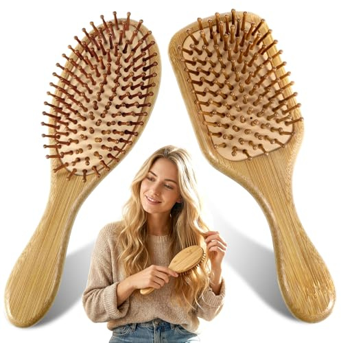 ElevateTech Bamboo Hair Brush Set (Oval & Square) Natural Wooden Brush Mens Hair Brushes Bamboo Bristles for Dry Curly Thick Thin Straight HairWomen Men Ergonomic Handle