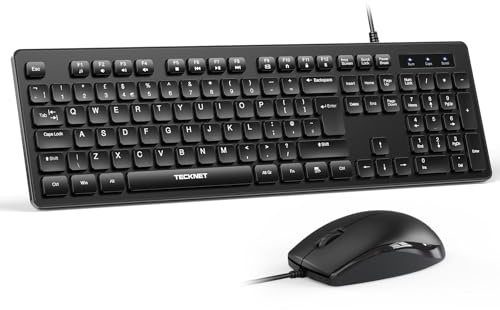 TECKNET Wired Keyboard and Mouse Set, Full-Size, UK QWERTY Layout, Black | 1.4 m Cable, USB-A Plug & Play, Spill Resistant, Slim and Silent Business Combo, Compatible with PC, Laptop, Windows/macOS