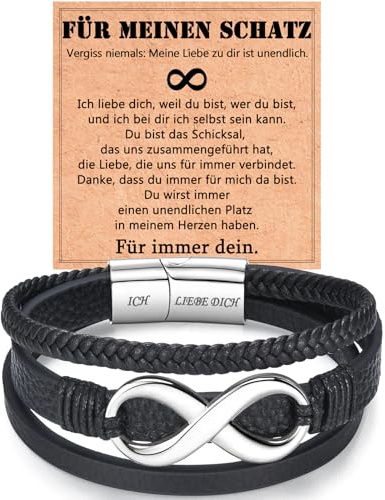 WOVEE Geschenke für Schatz Papa Sohn Mann Ehemann Freund Unendlichkeitszeichen Leder Armband Edelstahl Lederarmband Infinity Magnetverschluss mit Ich Liebe Dich Gravur