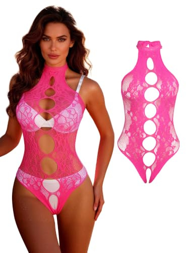 ohyeahlady Body Ouverte à L'Entre Jambe Resille Grande Taille | XS-5XL,Col à Lacet,Bodystocking Curvy,Bodysuit,Creux Out, Lingerie Ensemble,Tenu Hot Grosse,Combinaison,,Emballage Boîte