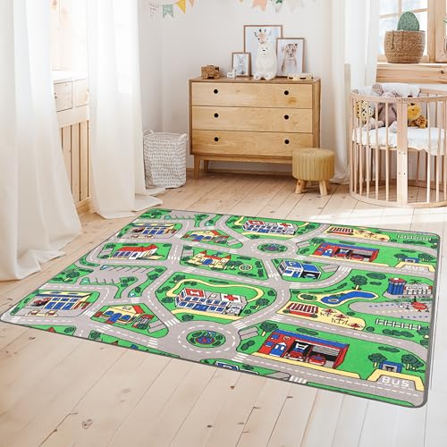 Primaflor Kinder-Teppich City 200 x 300 cm Interaktiver Straßenteppich mit Straßen & Gebäuden – Kindermatte für kreative Aktivitäten – Pflegeleicht, kurzflorig, Hochwertig CE & GUT geprüft