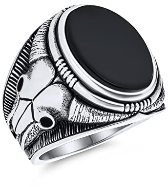 Herren Siegel Braun Tigerauge Schwarz Onyx Oval Edelstein Western Texas Longhorn Büffel Kuh Schädel Antilope Ziege Schädel Herrenring .925 Sterling Silber Hergestellt In Turkey Brauchizable