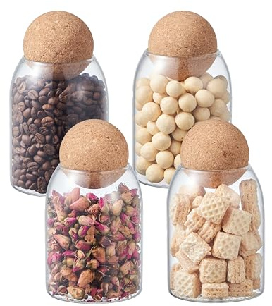 ORNAMI Clear Glass Kitchen Storage Jar with Cork Ball | Mason Food Canister Jar with Spherical Cork Lid | BPA-Free Pantry Organiser (Set of 4, 0.5L)