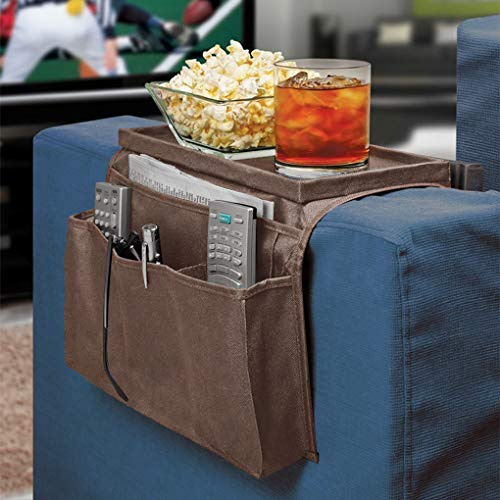 Non-slip Sofa Armrest Organizer with Cup Holder Tray Chair Arm TV Remote Holder for Recliner Couch Armchair Caddy Bedside Storage Pockets Bag for Cellphone Tablet Book Magazines Drinks Holder Pouch