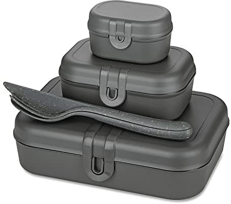 Koziol 7168701 Box, Snack Breakfast Pot, Plastic, Reusable, Knife, Fork, Spoon, Outdoor, Camping, Picnic, Holiday, Lunch to go, Cutlery Set of Three, Nature Ash Grey