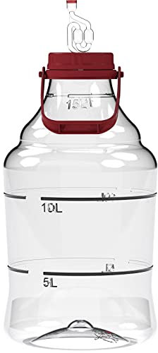Browin 644315 Weinballon aus Plastik 15 L mit Schraubverschluss, Korken, Gärröhrchen und Tragegurten, Transparent, Rot