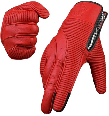 J.A.G. Motorcycle Gloves - Premium Leather Perforated Motorcycle Gloves for Men with Knuckle Protection | Touchscreen Motorbike Riding Gloves (Red/Zip, Large)