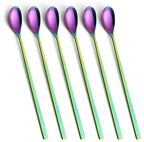 Pack of 6 Latte Coffee Spoons Long Handle Stainless Steel Mixing Ice Cream Stirring Spoon Ideal for iced Coffee iced Tea Milk Shake ice Cream sundeas Cool Drinking(Rainbow Color)