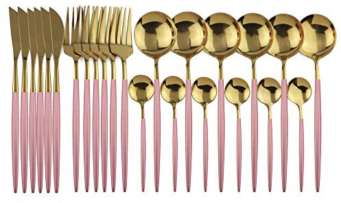 24 stücke Gold Geschirr Set 18/10 Edelstahlbesteck Set Gabelmesser Löffel Geschirr Set Flatware Set Silberwaren Set essgeschirr (Color : Pink Gold)