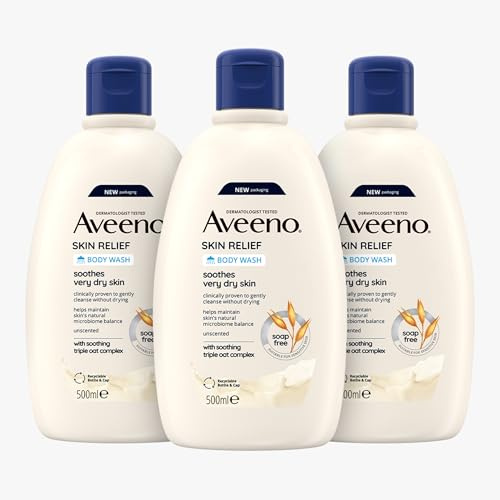 Aveeno Skin Relief Moisturising Body Wash Bundle (3x 500ml), Gentle Cleansing Wash with Soothing Triple Oat Complex, Soap-Free, Unscented for Sensitive and Very Dry Skin