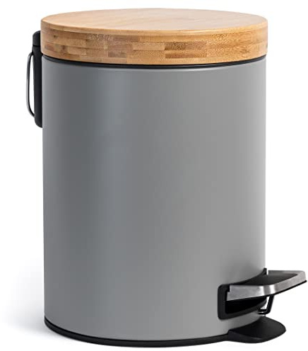 Kazai. 5l Design Kosmetikeimer | Bad-Mülleimer mit Bambus-Holzdeckel und Absenkautomatik | Mit Anti-Fingerabdruck und Komfort-Pedale | Grau