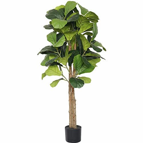 SOFTFLAME 4ft Fiddle Leaf Fig Tree Artificial, Faux Fig Tree w/ 75 Leaves & 3 Trunks, Fake Ficus Lyrata Plant Real Touch Technology, Ideal for Home Office Indoor Decoration