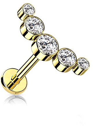Treuheld® Labret Piercing mit runden Kristallen | Größe: 1.2mm x 8mm | Farbe: gold - Kristalle: klar