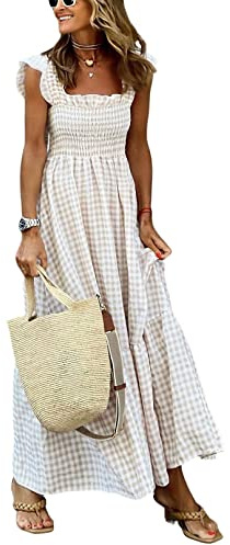 chouyatou Women's Retro Plaid Smocked Dress Spaghetti Strap Flounce Long Dress (Medium, Khaki)