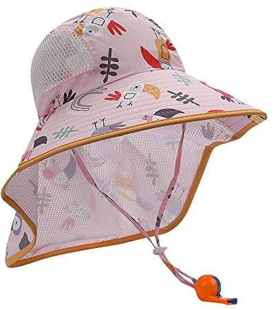 CLAPE Mesh solhatt barn brett brätte fiskarhatt nät sommarhatt flicka pojke UV-skydd strandhatt för 3–10 år topphatt med nackskydd, BAY02-rosa träspett, one size