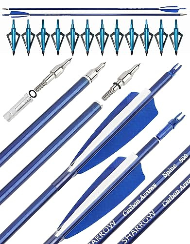 surwolf 31 Carbonpfeile Bogenschießen Jagdpfeile 500 Spine mit Federn Geflochtene Zielübungspfeile für Bogenschießen Compound&Recurve&Langbogen 6/12St.