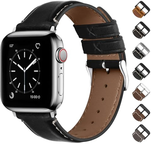 Fullmosa Bracelet en Cuir Véritable pour Apple Watch 49/46/44/45mm | Compatible avec iWatch Ultra3/2/1 SE3/2/1 Série 11/10/9/8/7/6/5/4 pour Homme Femme, Noir+Boucle Argent
