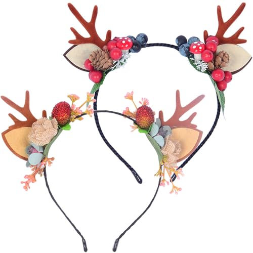 YGCHEN Bandeau de Noël Serre Tete Bois de Renne Bandeaux Cerf de Noël Couronne de Fleurs Serre-Tête Bois de Wapiti Accessoires de Cheveux Serre-Têtes de Noël Décoration
