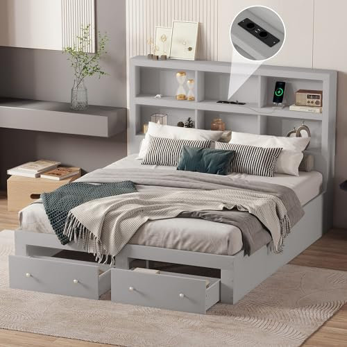 Doppelbett 160 x 200cm, Massivholz Bett, Kingsize-Plattformbett mit Zwei Schubladen am Fußende des Bettes, Kopfteil mit Stauraum, Holzbett mit USB-Ladeanschluss (Grau, 160 x 200cm)