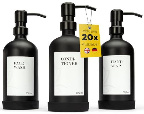 DELUXXOO® Hochwertiges 3-teiliges Pumpflaschenspender Set schwarz matt aus Glas als Organizer 500 ml I Seifenspender I Duschgelspender I Shampoospender I Spülmittelspender I Lotionspender