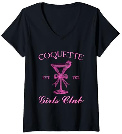 Womens Coquette Girls Club Ribbon Bow Pink Strawberry Martini Glass V-Neck T-Shirt