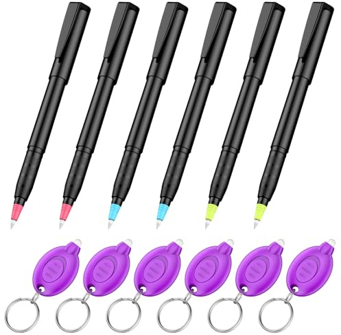Uniclife 6 Pcs Invisible Ink Pen with 6 Pcs UV LED Keychain Flashlight, Spy Pen, Disappearing Ink Magic Pen for Secret Notes, Magic Spy Marker with Purple Light for Christmas Halloween Holiday Present