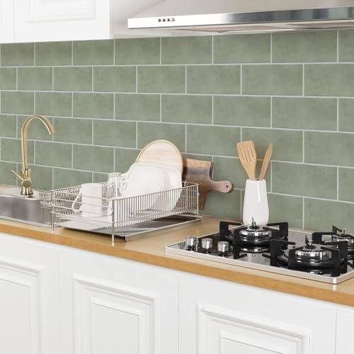 FUNLIFE 24pcs 30cmX15cm Frotter vert sauge tiles dalle pvc adhesive murale | peel and stick tiles, colle carrelage salle de bain, Convient pour les cuisines, salle de bains, salon autocollant carrelage