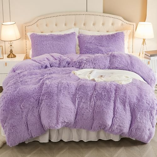 EMME Plüsch Bettwäsche Set 200x200cm, Lila | Biber Flauschige Bettdecke Set für Bett Shaggy und Plüsch weiche Bettwäsche Bettbezüge und 2 Kissenbezug 80x80cm