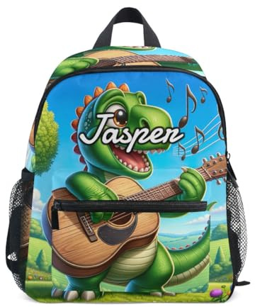 CHIFIGNO Sac à dos personnalisé avec nom, sac à dos personnalisé pour enfants pour garçons et filles, sac à livres personnalisé pour l'école et les voyages, Dinosaure de dessin animé jouant, Small