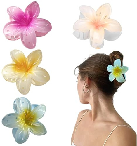 IOURVYA 4 Piezas Pinza Pelo Flor Hawaianas, Clips de Pelo de Flor Colores Pinzas, Hair Garra Clip para Mujeres Niñas Diario Fiesta Boda Playa Viajes, Antideslizante