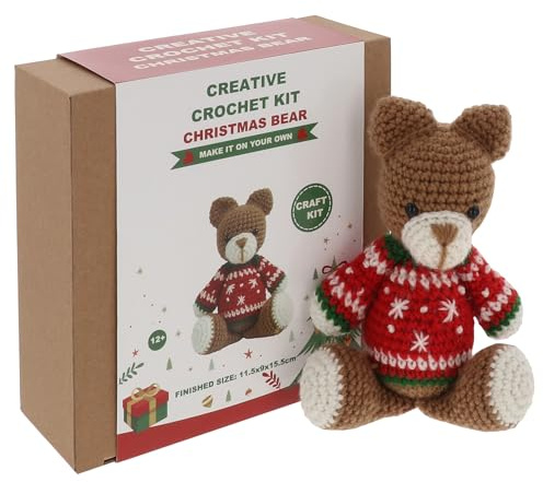 Shudehill Giftware Kreatives Häkelset für Erwachsene - DIY Weihnachten Teddybär Bastelset, Perfekt für Anfänger, Enthält alle Materialien & Anleitung für ein lustiges, einfaches Häkelprojekt