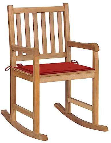 ShGaxin Schaukelstuhl mit Rotem Kissen, Sessel Wohnzimmer, Schaukelsessel, Stillsessel, Schwingsessel, Tv Sessel, Ohrensessel, Relaxsessel, Rocking Chair, Massivholz Teak
