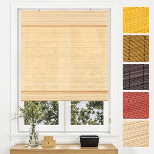 Victoria M. - Estor enrollable de bambú con tirador lateral, protección solar y visual para ventanas y puertas, opaco, 110 x 130 cm, color natural